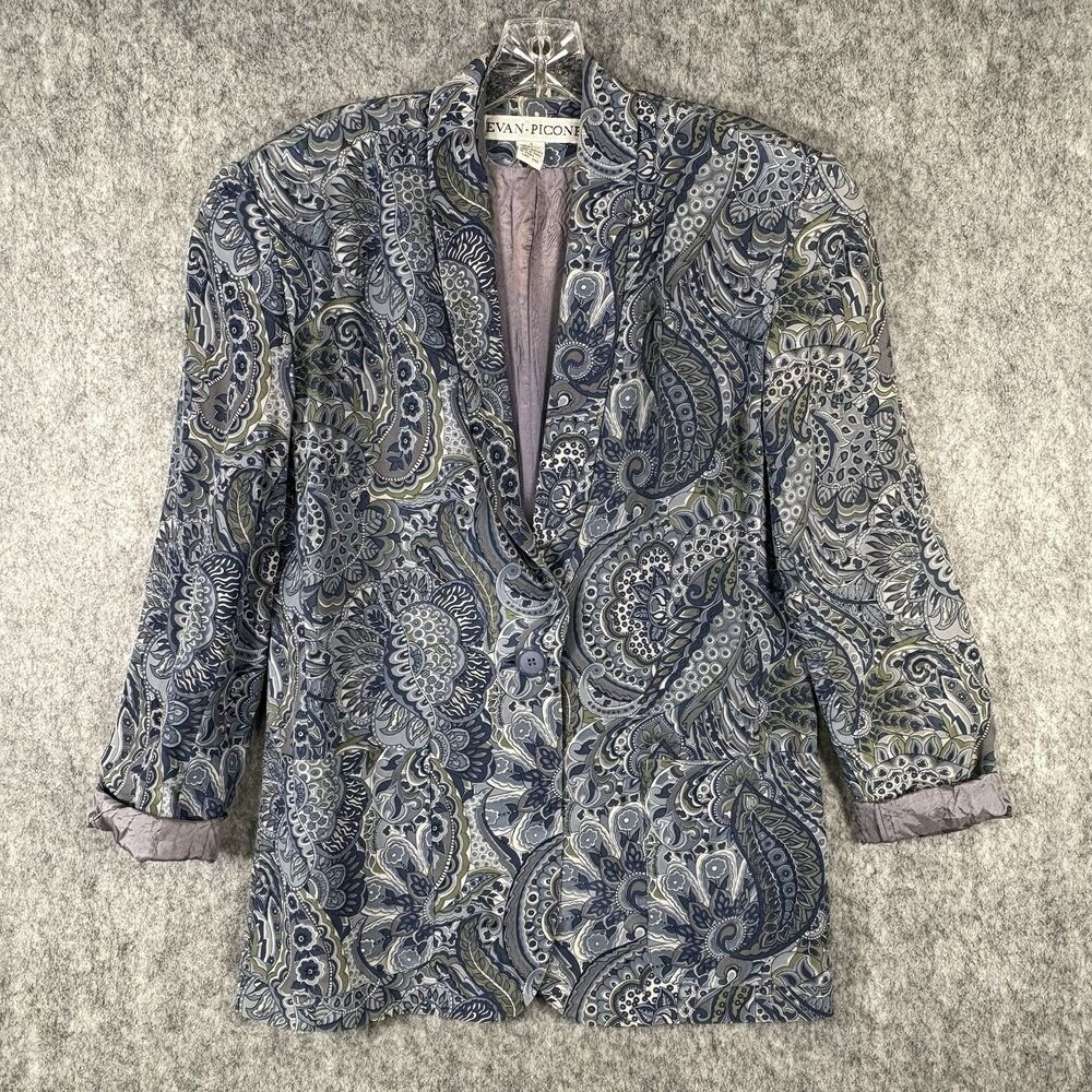 VTG 80's Evan Picone Silk Blue Paisley 1 Button Blazer Jacket Women's Sz 4
